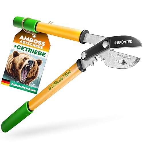 GRÜNTEK GRIZZLY Metall-Amboss Heckenschere – Antihaftbeschichtung, 60mm Klingenlänge, 2-fach-Getriebe, ergonomische Grif