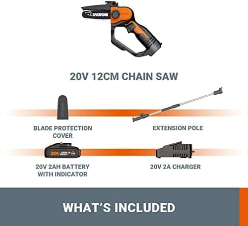 WORX Akku Mini Kettensäge 18V MAX PowerShare 12 cm vibrationsarm leicht Verlängerungsstange 1 Akku 1 Ladegerät