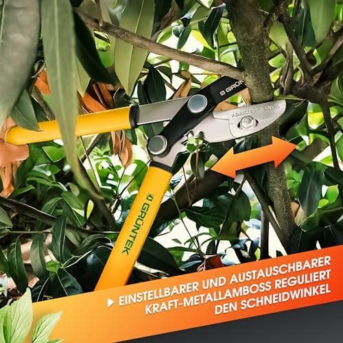 GRÜNTEK GRIZZLY Metall-Amboss Heckenschere – Antihaftbeschichtung, 60mm Klingenlänge, 2-fach-Getriebe, ergonomische Grif