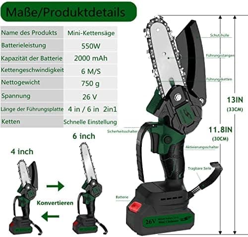 Mini Kettensäge mit Akku - 2-in-1 Kit, 6 Zoll Säge und Superleistung, perfekt für Gartenarbeiten - (2 Batterien, 2 Kette