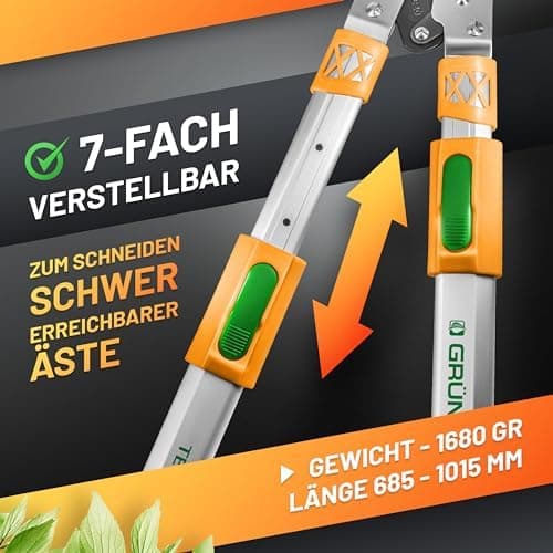 GRÜNTEK SMART-CUT AMBOSS-Astschere 685-1015 mm, gehärtete Klinge, 7-Fach verstellbare Griffe, perfekt für Baumkötter!