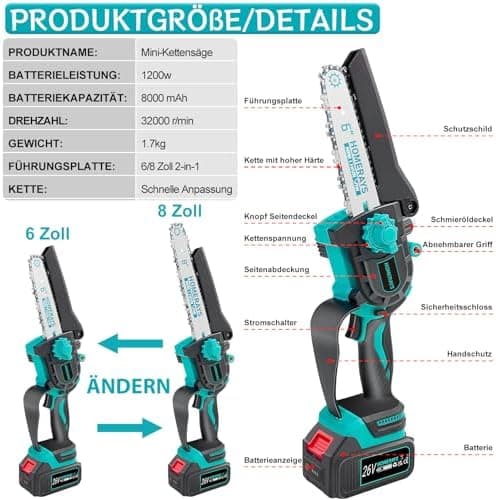 Mini Kettensäge mit Akku 8000mAh für Gartenarbeit
| 8-Zoll Mini Kettensäge Elektro mit Automatischer Öler
| Bürstenlose