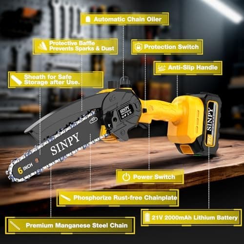 SINPY Akku-Kettensäge - 6-Zoll, 2 x 4000mAh, Elektrische Handkettensäge für Gartenarbeiten, Geschenkidee für Männer am W