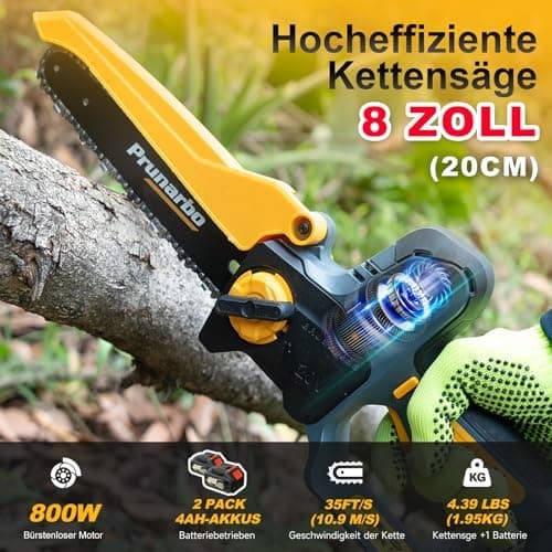 Prunarbo Akku-Kettensäge 900W Brushless PR-E8 - ideal für Gartenarbeit & Heimwerken & Holzbearbeitung 8" 2x |0Ah