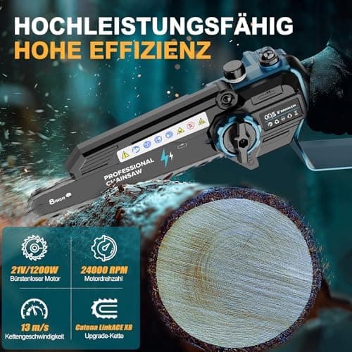 Mini Kettensäge mit 2 Akku und 8000mAh/21V, ideal für Gartenarbeit und DIY-Einhand Kettensäge der Baumsäge. Elektrische