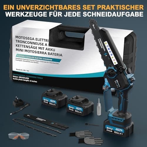 Mini Kettensäge mit 2 Akku und 8000mAh/21V, ideal für Gartenarbeit und DIY-Einhand Kettensäge der Baumsäge. Elektrische