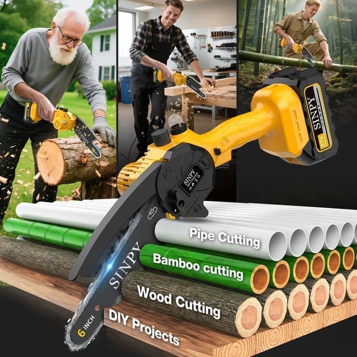 SINPY Akku-Kettensäge - 6-Zoll, 2 x 4000mAh, Elektrische Handkettensäge für Gartenarbeiten, Geschenkidee für Männer am W