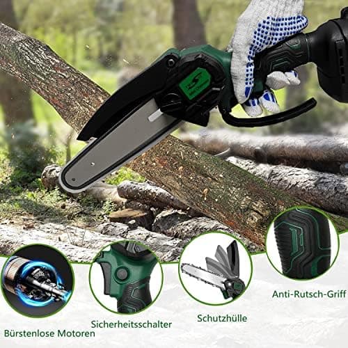 Mini Kettensäge mit Akku - 2-in-1 Kit, 6 Zoll Säge und Superleistung, perfekt für Gartenarbeiten - (2 Batterien, 2 Kette