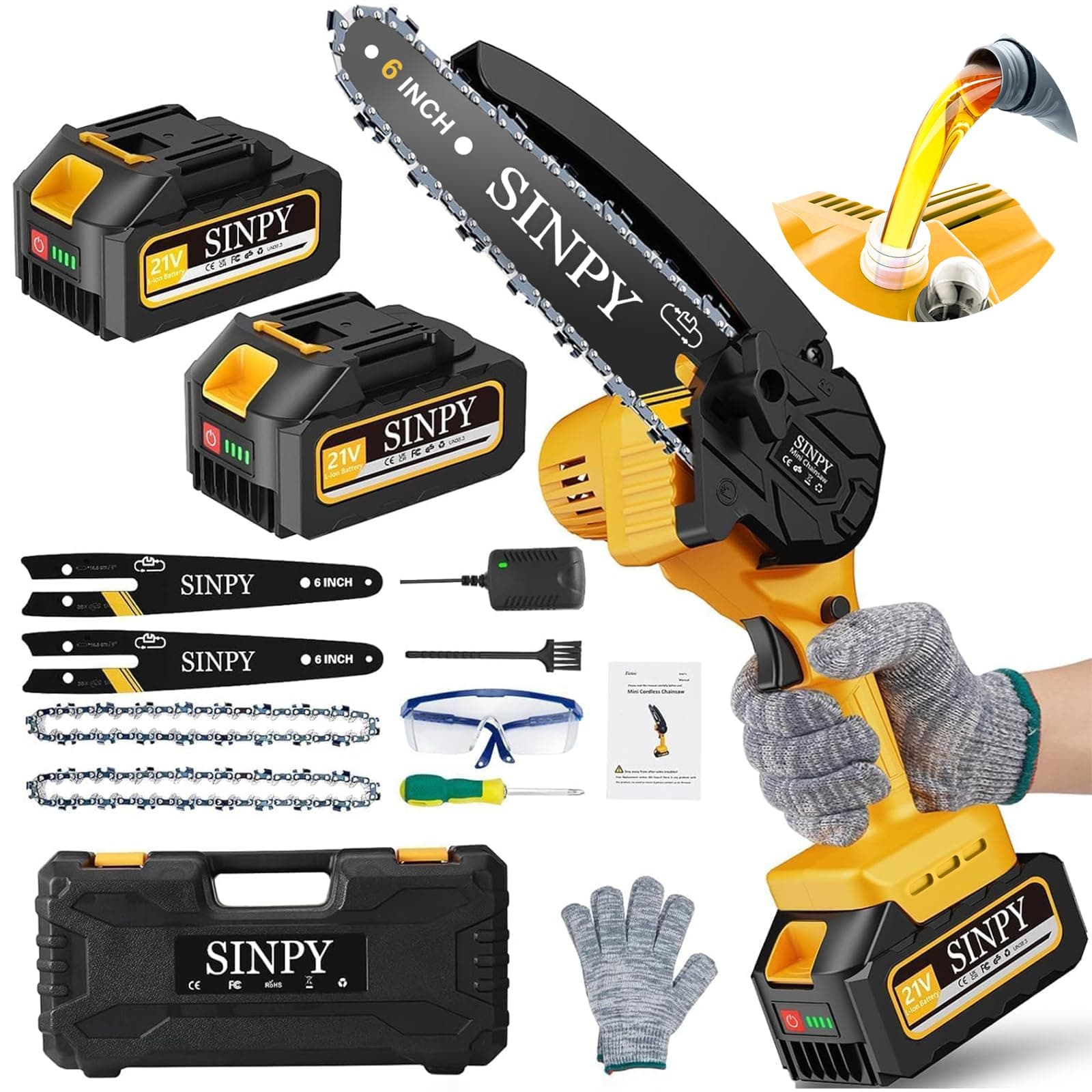 SINPY Akku-Kettensäge - 6-Zoll, 2 x 4000mAh, Elektrische Handkettensäge für Gartenarbeiten, Geschenkidee für Männer am W
