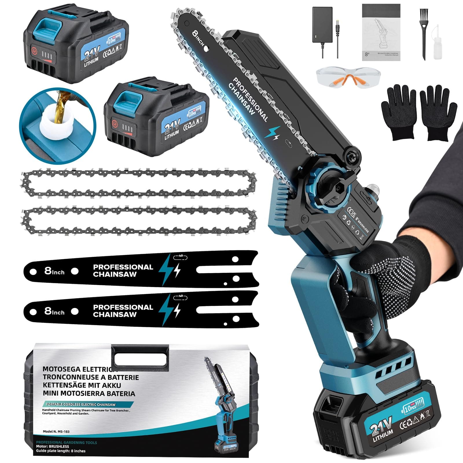 Mini Kettensäge mit 2 Akku und 8000mAh/21V, ideal für Gartenarbeit und DIY-Einhand Kettensäge der Baumsäge. Elektrische